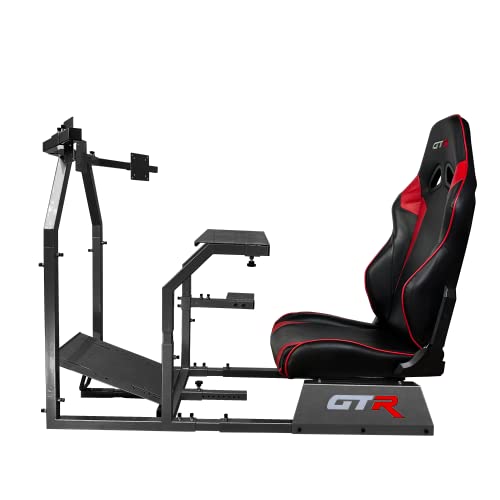 GTR Racing Simulator GTAF-BLK-S105LBKRD - GTA-F Model (Black) Triple or Single Monitor Stand with Black/Red Adjustable Leatherette Seat, Racing Simulator Cockpit Gaming Chair Single Monitor Stand