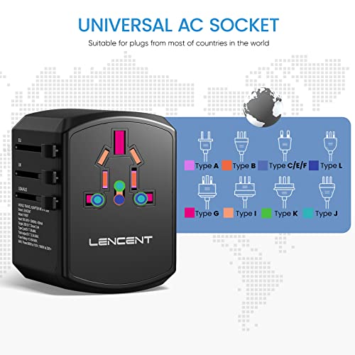 LENCENT Universal Travel Adapter, International Charger with 3 USB Ports and Type-C PD Fast Charging Adaptor for iPhone, Samsung, Tablet, Gopro. for Over 200 Countries Type A/C/G/I (USA, UK, EU AUS)