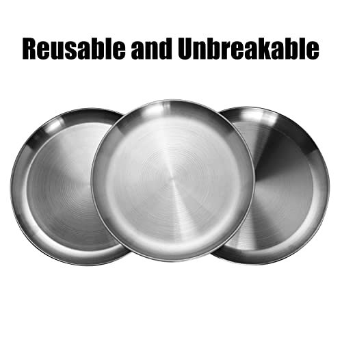 WANBY Stainless Steel Plates Metal Lightweight Steel Plate Unbreakable Dinner Dishes Plates Set Non-Toxin Dishwasher Safe BPA Free and Healthy (4 Pcs)
