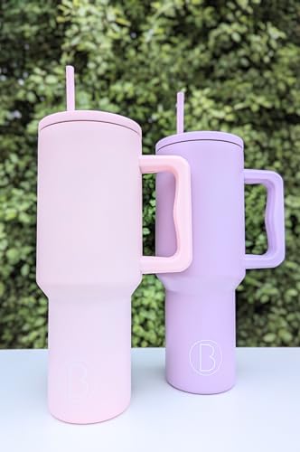 Vacuum Insulated Tumbler with Handle and Straw Lid | 1180ml/40oz Capacity | Stainless Steel Double Wall Insulation | Reusable Travel Mug in Multiple Colours | Bottle & Bowl Co. (Pink)