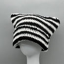 Women Striped Beanie Cute Cat Ear Little Devil Hat Winter Warm Soft Knitted Slouchy Beanie Hat Crochet Ski Cap