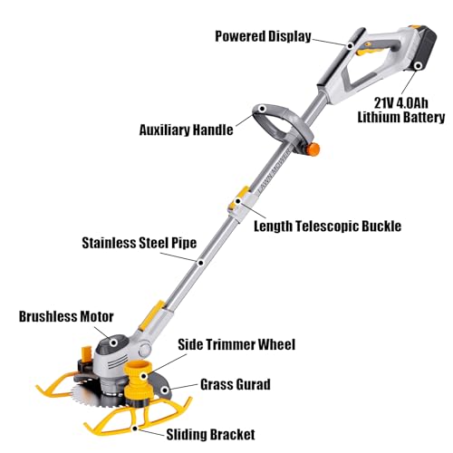 ALLONE Cordless Whipper Snipper with 4.0Ah Battery and Fast Charger, 4 Types Blades, Electric Grass Trimmer Lightweight Lawn Edger Battery Powered Brush Cutter with Power Display
