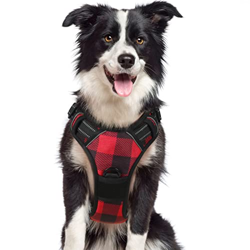 rabbitgoo Dog Harness No Pull, Adjustable Dog Walking Chest Harness with 2 Leash Clips, Comfort Padded Dog Vest Harness with Easy Handle, Reflective Front Body Harness for Large Breeds, Plaid, L