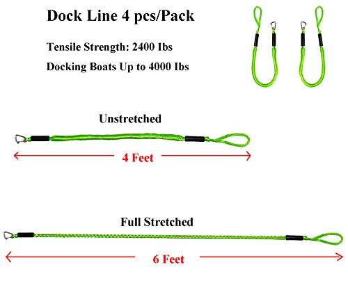 Bungee Boat Dock Lines 4 Feet Green Dockline Mooring Rope Boat Accessories Docking Lines PWC Shock Cords for Boats Kayak, Jet Ski, Pontoon, Canoe, Power Boat Wave Runner, SeaDoo, Watercraft 2pcs