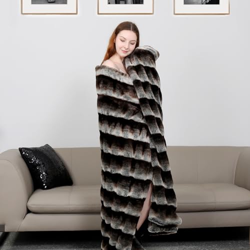 inchgrass Luxury Soft Faux Mink Fur Throw Blanket Shaggy Plush Elegant Weighted Handmade Thick Blanket for Sofa Chair Couch Living Bedding (60"x70", Grey Chinchilla)