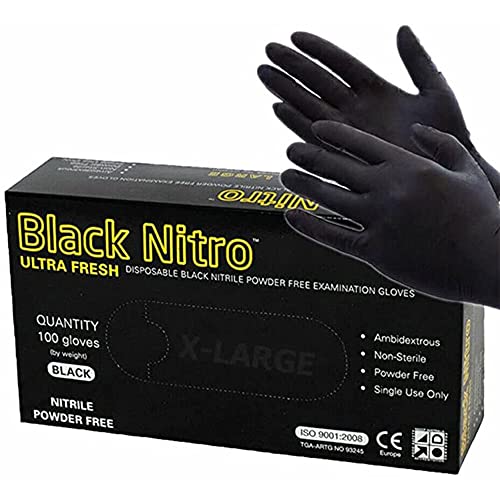 Packware Nitrile Disposable Black Gloves - Latex & Powder Free Work Gloves - Non-Sterile Natural Rubber Gloves for Medical Use, Sensitive Skin, Cleaning and General Use - 100pcs (Large) Black