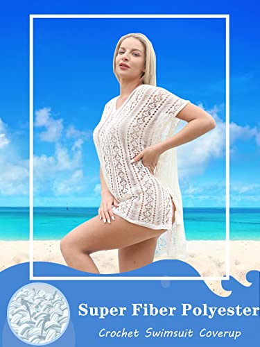 White Swimsuit Cover Up for Women Bathing Suit Beach Cover Ups Knit Crochet Boho Swim Suit Swimwear Coverall Plus XL Ladies Girl Net Bikini Coverup Lightweight Summer Gift