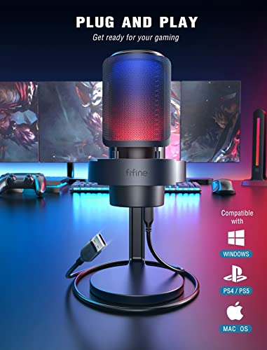 Gaming PC Microphone, Fifine AmpliGame USB Desktop Condenser RGB Control Mic for Recording Streaming Podcast YouTube on Mac/Computer/PS4/PS5, with Mute Button, Mic Gain, Headphone Jack, Monitoring-A8