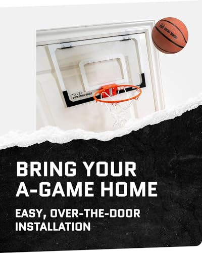 SKLZ Pro Mini Basketball Hoop - 18" x 12" Clear, Shatterproof Backboard, Breakaway Rim, Heavy Duty Net, & 5" Ball - Easy Mount Padded, Slide-On Over-Door Mounts - Suitable for Office, Dorm, Bedroom