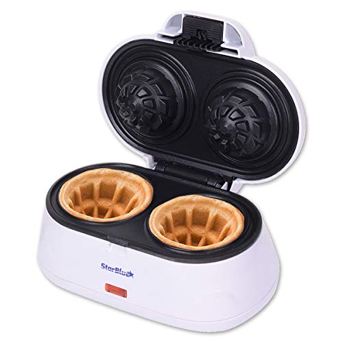 Double Waffle Bowl Maker by StarBlue - White - Make Bowl Shapes Belgian Waffles in Minutes | Best for Serving ice Cream and Fruit 220-240V 50/60Hz 1200W, UK Plug, Australia Adapter Included