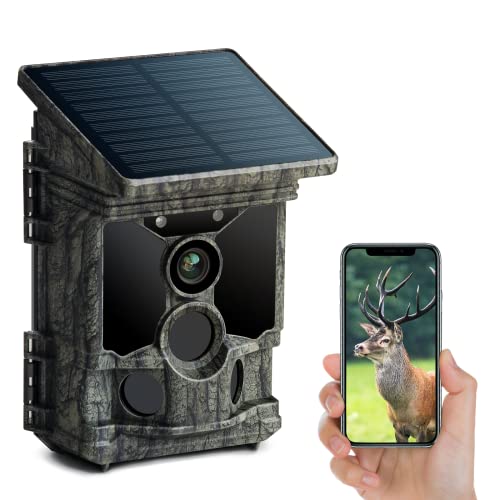 Trail Camera Solar Powered 46MP 4K 30FPS, WiFi Bluetooth Game Camera with 120°Wide-Angle Motion 3 PIR Sensor 0.1s Trigger Time Trail Camera with Night Vision IP66 Waterproof