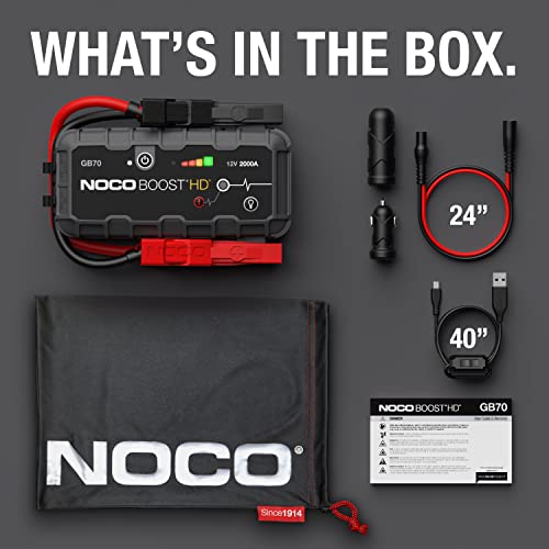 NOCO Boost HD GB70 2000A 12V UltraSafe Lithium Jump Starter Box, Car Battery Booster, Jump Start Pack, Portable Power Bank Charger, and Jumper Cable Leads for up to 8L Petrol and 6L Diesel Engines
