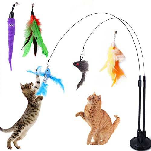 Cat Feather Toys, Fyvadio Cat Toy, Interactive Cat Toy with Super Suction Cup, 2PCS Springy Cat Wand,and 5PCS Teaser Refills Replacement with Bells, Feathers, Cat Spring String Toy Cat Accessories