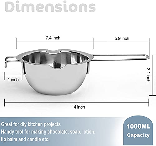 1000ML Double Boiler Pot with 2200ML Stainless Steel Pot and Silicone Spatula, Double Boiler Set for Melting Chocolate,Candy, Soap, Wax, Candle Making