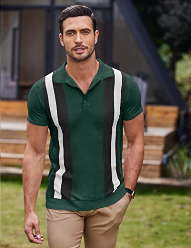 Coofandy Men's Knit Polo Shirt Short Sleeve Vintage Striped Golf Shirt, Green & Black, Medium