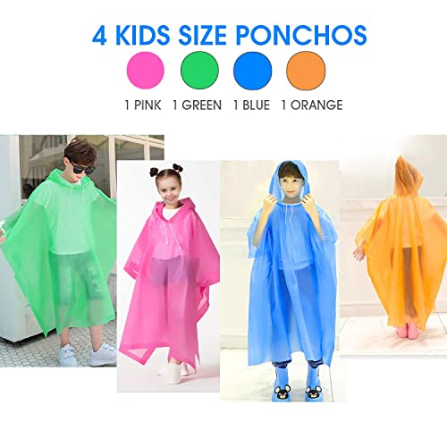 Beedove Rain Poncho for Kids, 4 PCS Waterproof Rain Hooded Poncho, Lightweight Reusable Foldable Long Clear Raincoat for Children