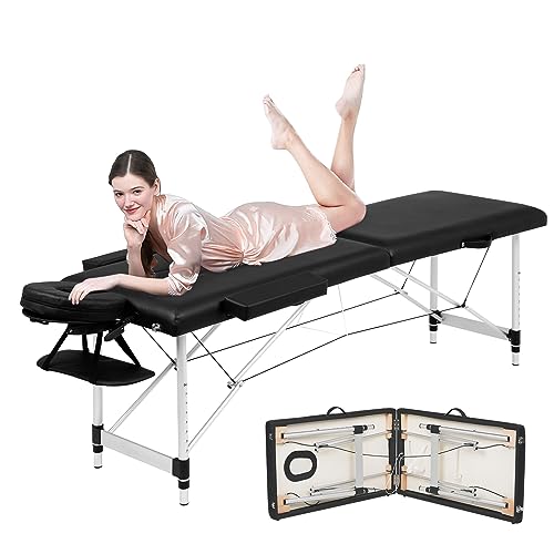 Advwin Massage Table Portable Massage Bed Massage Therapy Table Spa Bed 55cm Adjustable 2 Fold Salon Bed Face Cradle Bed Black