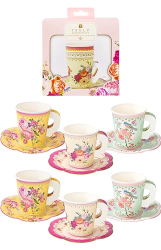 Talking Tables Pack of 24 Vintage Floral Cup & Saucer Afternoon Tea Set | Truly Scrumptious Disposable Tableware for Birthday or Garden Party, Baby Shower, Wedding, TRULYCUPSET24