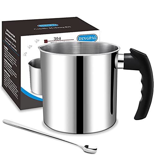 DINGPAI Candle Making Pouring Pot, 44oz Double Boiler Wax Melting Pot, 1pc Spoon, 304 Stainless Steel Candle Making Pitcher, Silver Color with Heat-Resistant Handle and Dripless Pouring Spout Design