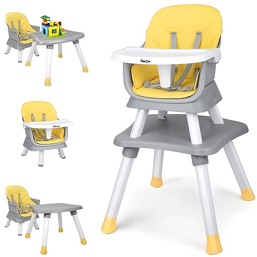 Baby High Chair, Timkos 8 in 1 Convertible Highchair Booster Seat, Building Block Table, Toddler Chair with 5-Point Safety Harness, Removable Tray, Soft PU Cushion (for 7-36 Months Babies)