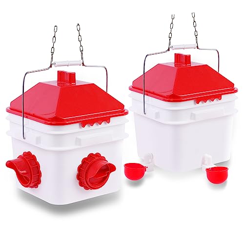 10 Pounds Chicken Feeder and 2 Gallon Chicken Waterer ，High-Capacity Hanging Chicken Feeder and Waterer Set for up to 15 Chicks/10 Adult Chickens（Red）