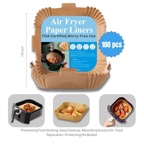 Air Fryer Disposable Paper Liners Square, 7.9 Inch Air Fryer Parchment Paper Liner 100 PCS, Non-Stick Air Fryer Paper Pads Oil Resistant, Waterproof, Food Grade Baking Paper for Roasting Microwave