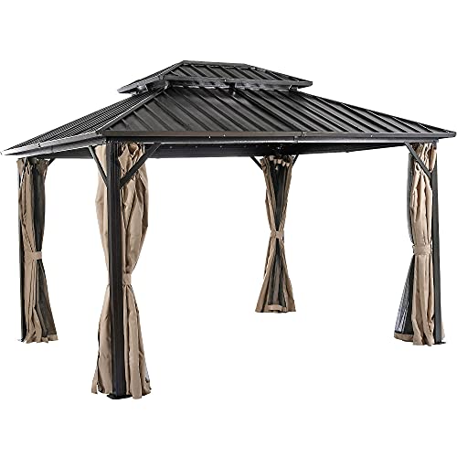 YITAHOME 10x12 ft Double Roof Canopy Gazebo with Netting and Shaded Curtains, Outdoor Gazebo 2-Tier Hardtop Galvanized Iron Aluminum Frame Garden Tent for Patio, Backyard, Deck and Lawns