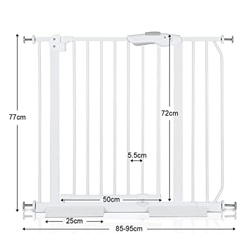 Child Pet Safety Gates Adjustable Baby Gate with A 10CM Extension Barrier 77CM Height 75~95CM Width - White