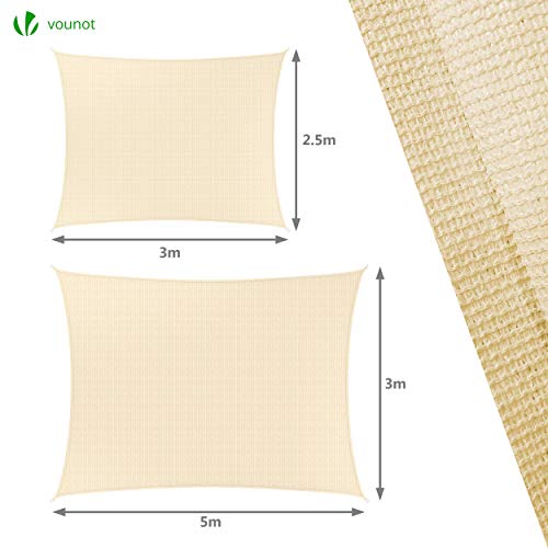 VOUNOT Sun Shade Sail Rectangle 5m x 3m with Fixing Kit, 95% UV Block Breathable HDPE Awning, Sunscreen Canopy for Outdoor Garden Patio Lawn, Ivory