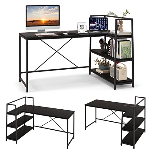 Giantex L-Shaped Computer Desk, Reversible Corner Desk with 3-Tier Storage Shelf & Metal Frame, Modern Executive Office Desk, PC Laptop Workstation for Small Space (Black)