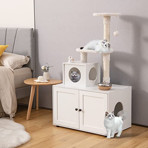 Costway Cat Tree with Litter Box Enclosure, 2-in-1 Modern Cat Tower with Cat Condo, Plush Perch, Sisal Scratching Posts, Dangling Ball, Hidden Cat Washroom Furniture with Divider for Indoor Cats (White)