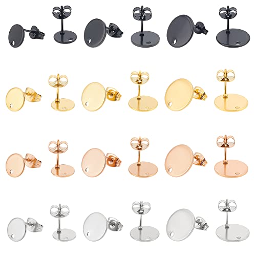 UNICRAFTALE About 48Pcs 4 Colors 3 Sizes 304 Stainless Steel Stud Earring Findings with Ear Nuts 0.8mm Pin Hypoallergenic Flat Round Earring Post with Hole Earring Studs Components for Earring Making