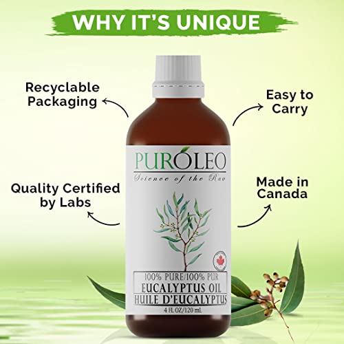 PURÓLEO Eucalyptus Essential Oil, 4 FL OZ/120 ML (Large Bottle) 100% Pure | Natural Aromatherapy Oil for Diffuser Steam Distilled | 100% Pure Natural Undiluted, for Aromatherapy