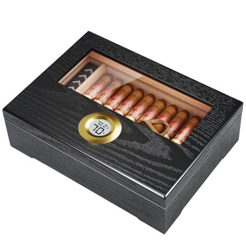 Puffaland Cigar Humidor Box, Cigar Case Desktop Box Cedar Wood Cigar Box Gift for 20-25 Cigars with Glass Top and Digital Hygrometer,Black