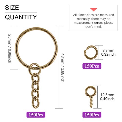 Swpeet 450Pcs Sliver Key Chain Rings Kit, 150Pcs Keychain Rings with Chain and 150Pcs Jump Ring with 150Pcs Screw Eye Pins Bulk for Jewelry Findings Making (Bronze)