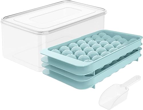 Round Ice Cube Tray with Lid - 66pcs Ice Ball(1.0Inch) Maker Mold for Freezer with 1 ice Bucket & Scoop - Mini Circle Ice Cube Tray Sphere Ice for Chilling Cocktail Whiskey Tea Coffee (Blue)