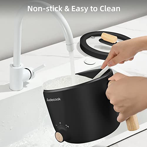 Audecook Electric Hot Pot and Steamer, 1.5 L Portable Mini Non-Stick Multicooker, Fast Ramen Cooker, Travel Electric Frying Pan with Dual Power Control for Steak/Noodle/Soup/Egg/Oats