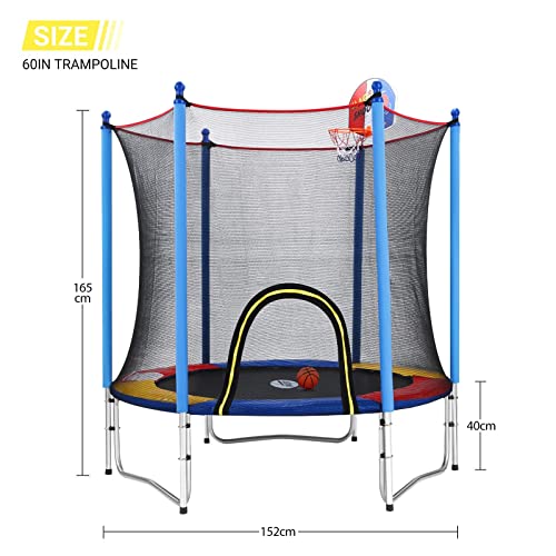 Genki 60 Inch Kids Trampoline Round Bounce Rebounder Jumping Exercise Indoor Outdoor Safety Net Enclosure Spring Basketball Hoop