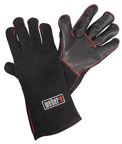 Weber Barbecue Gloves | Heat Resistant Leather BBQ Gloves | Weber Barbecue Accessories | Features Weber Red Kettle Embroidery | 2 Count (1 Pair) – Black (17896)