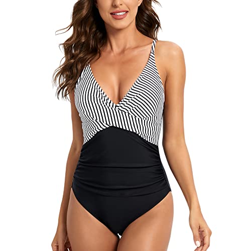 YNIQUE Women's One Piece Swimsuits Color Block Bathing Suits Tummy Control Criss Cross Front Swimwear