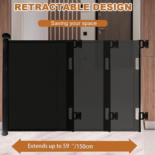 PandaEar Child Baby 150CM Wide Safety Gate| Retractable Design for Home or Travel| Doorways Stairs Hallways Indoor Outdoor (Black)