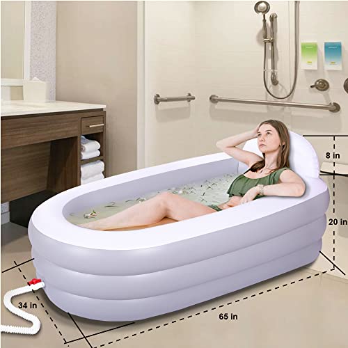 Inflatable Bathtub for Adults, 165cm × 86cm × 71cm Foldable Portable Bathtub, Blow Up Bath Tub with Backrest for Home Spa or Ice Bath(Gray White)… (No Pump)