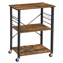 VASAGLE Kitchen Shelf on Wheels Serving Trolley with 3 Shelves Metal Frame with 6 Hook Rustic Brown KKS60XV1