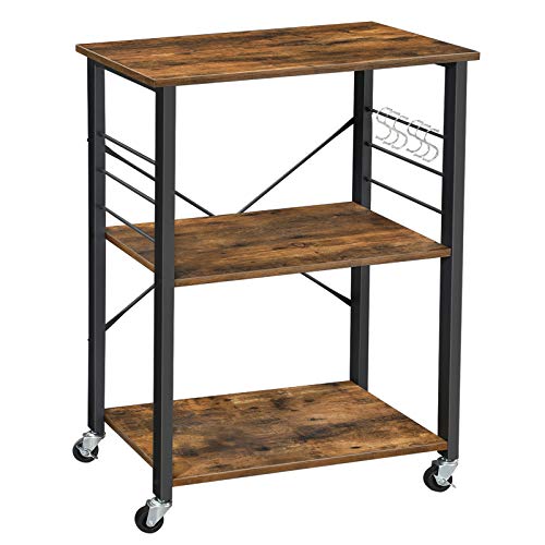 VASAGLE Kitchen Shelf on Wheels Serving Trolley with 3 Shelves Metal Frame with 6 Hook Rustic Brown KKS60XV1