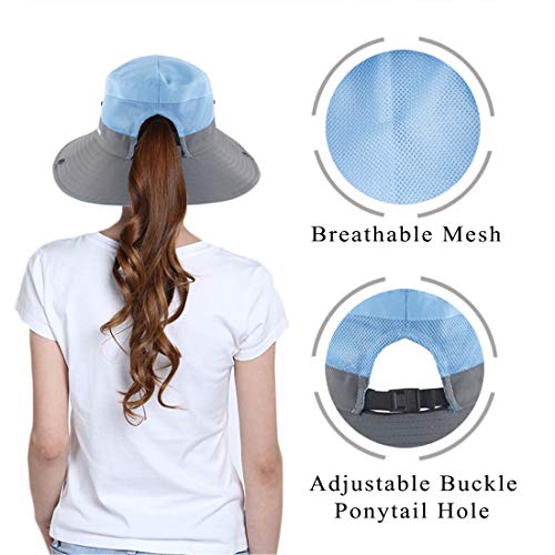 Muryobao Women's Sun Hat Outdoor UV Protection Foldable Mesh Bucket Hat Wide Brim Summer Beach Fishing Cap Sky Blue, Fit Head Circumference Size: 21"-23"