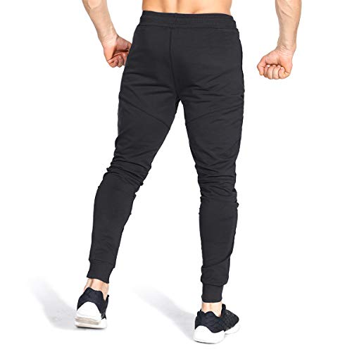 ZENWILL Mens Tapered Gym Joggers, Fitness Pants Casual Workout Track Pants with Zip Pockets（Medium,Black
