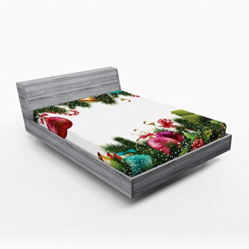 Ambesonne Christmas Fitted Sheet, Happy New Year Greeting Celebrations with Holly Garland Design, Soft Decorative Fabric Bedding All-Round Elastic Pocket, Queen Size, Maroon Green