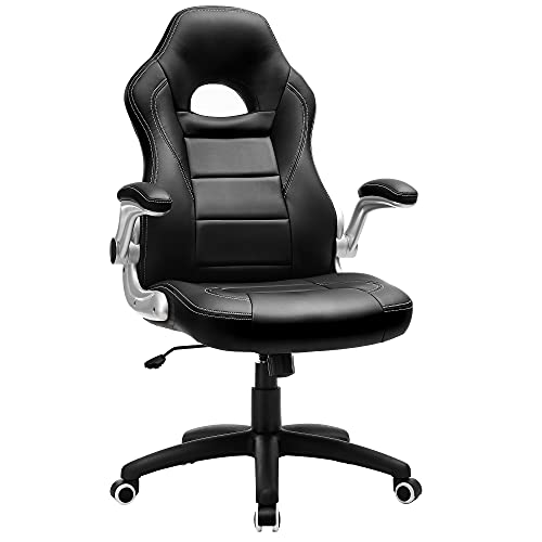 SONGMICS Racing Office Chair with 79 cm High Back Adjustable Armrest and Tilt Function Swivel Desk Computer Chair PU,Black, OBG28BUK