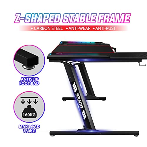 L Shaped Gaming Desk with Led Light Computer Desk Home Office Workstation Racer Table Desktop Carbon Fiber 140CM Black