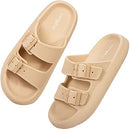 LongBay Women Men Double Buckle Adjustable EVA Slide Slippers Cloud Pillow Sandals (Light Brown, 8.5-9.5 Women/6.5-7.5 Men）